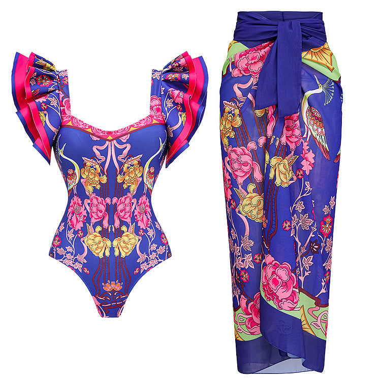 One Piece Women Swimwear European French Retro Cover Belly Slimming Swimsuit Holiday Beach Dress