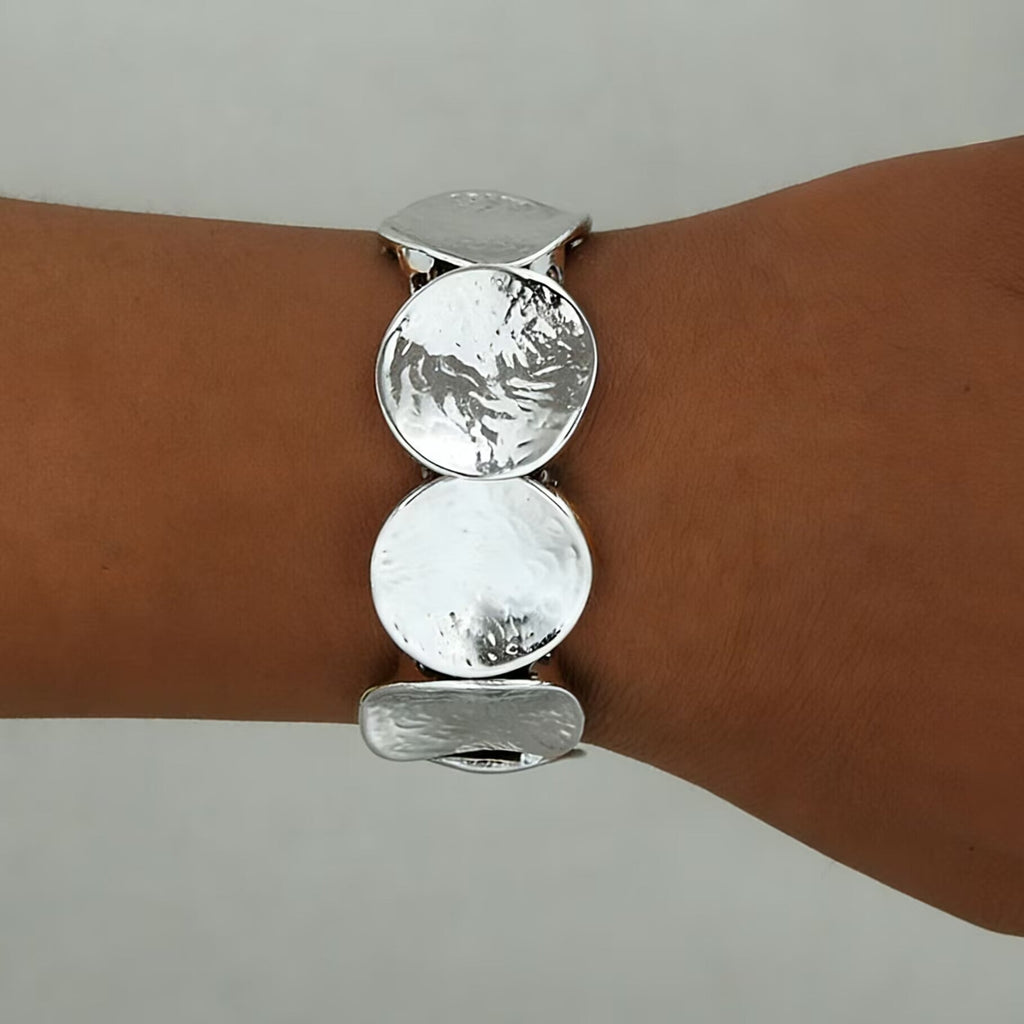 Personality Metal Pleated Geometric Disc Stretch Bracelet Heavy Duty Minimalist