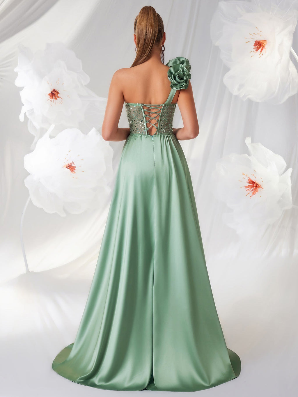 "The Socialite" Elegant Green Tube Top One Shoulder Evening Dress Three Dimensional Floral Pattern