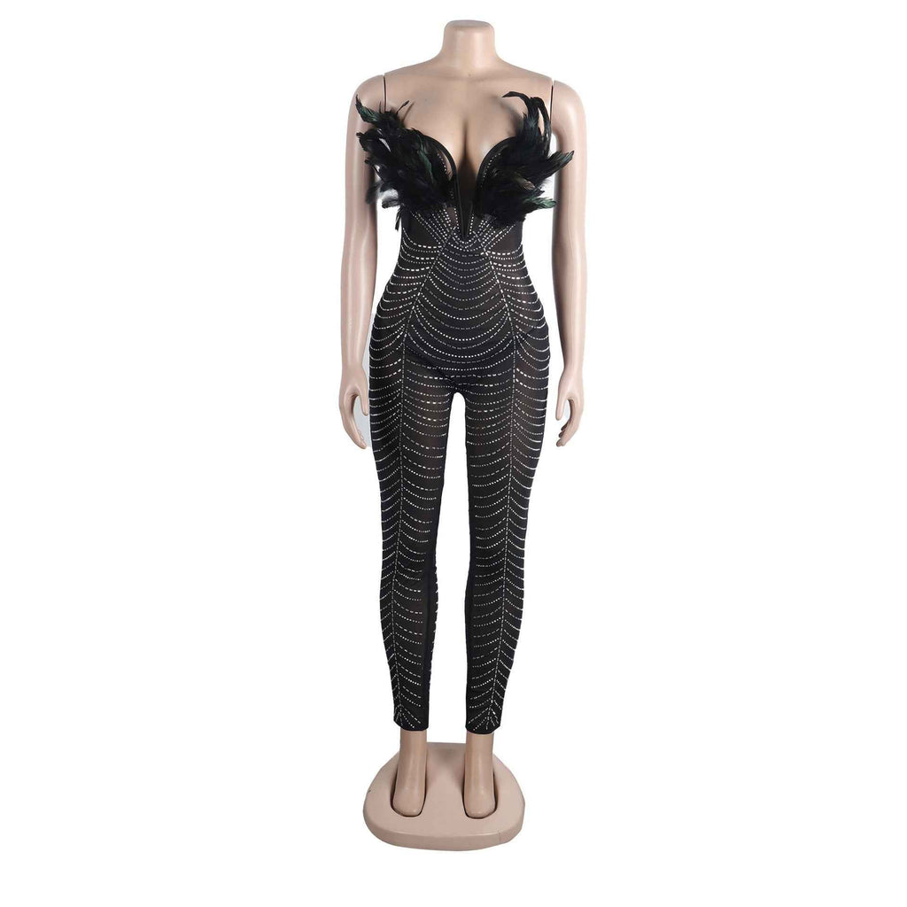 Sexy Feather Rhinestone Slim Fit Sheath Sleeveless Jumpsuit