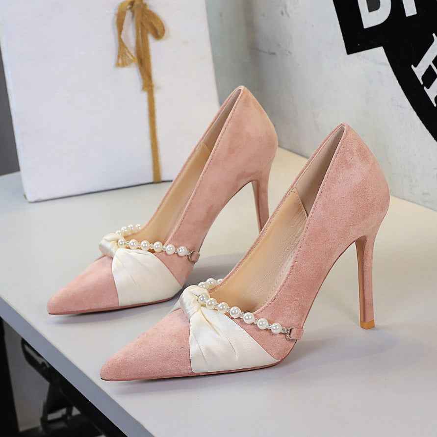 French Elegant Socialite Pearl Bow Pointed Low Cut Suede Stiletto Heel Pumps for Women