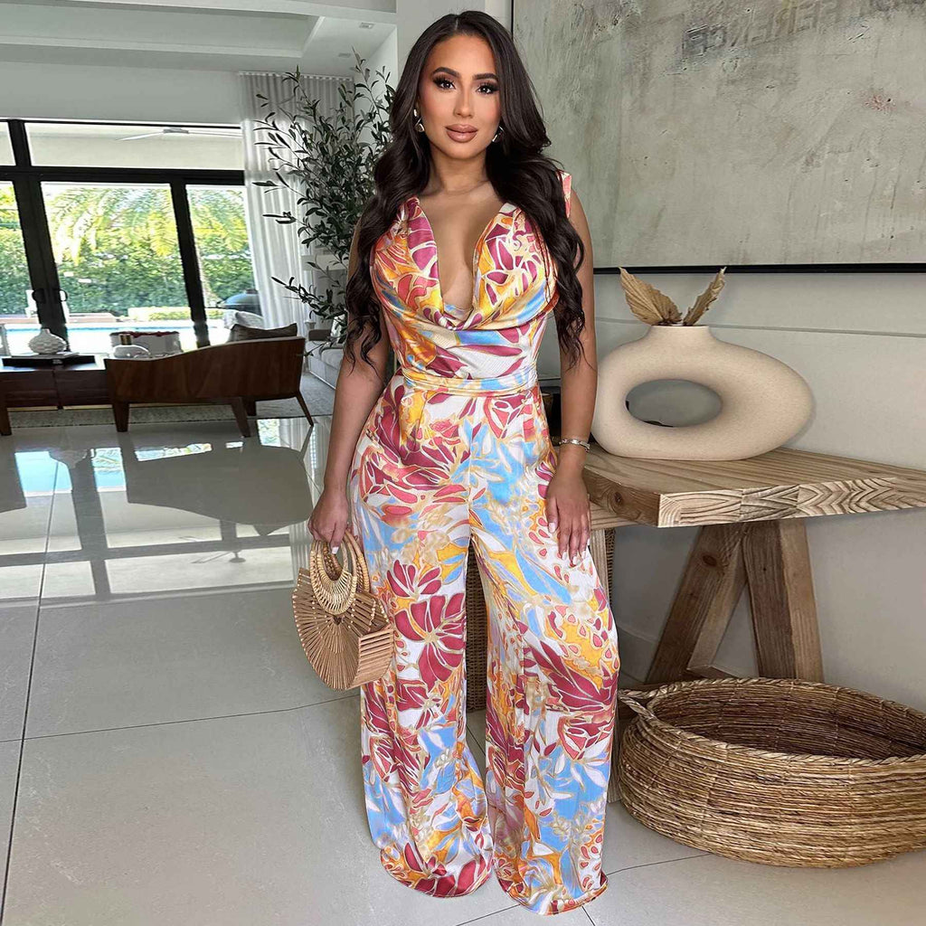 Sleeveless Lace up Wide Leg Printed Jumpsuit