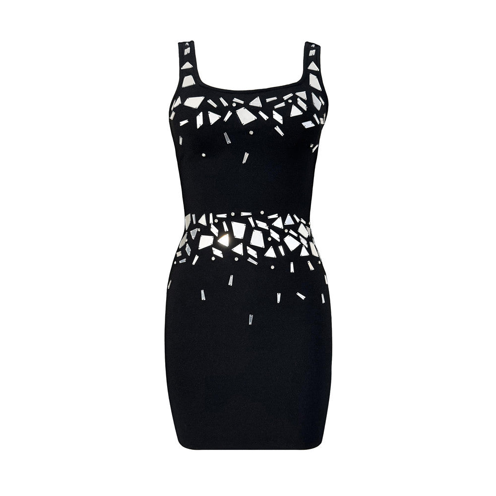 Sexy Sleeveless Lens Diamond Short Evening Dress Party Gathering Stretch Bandage One Piece Dress