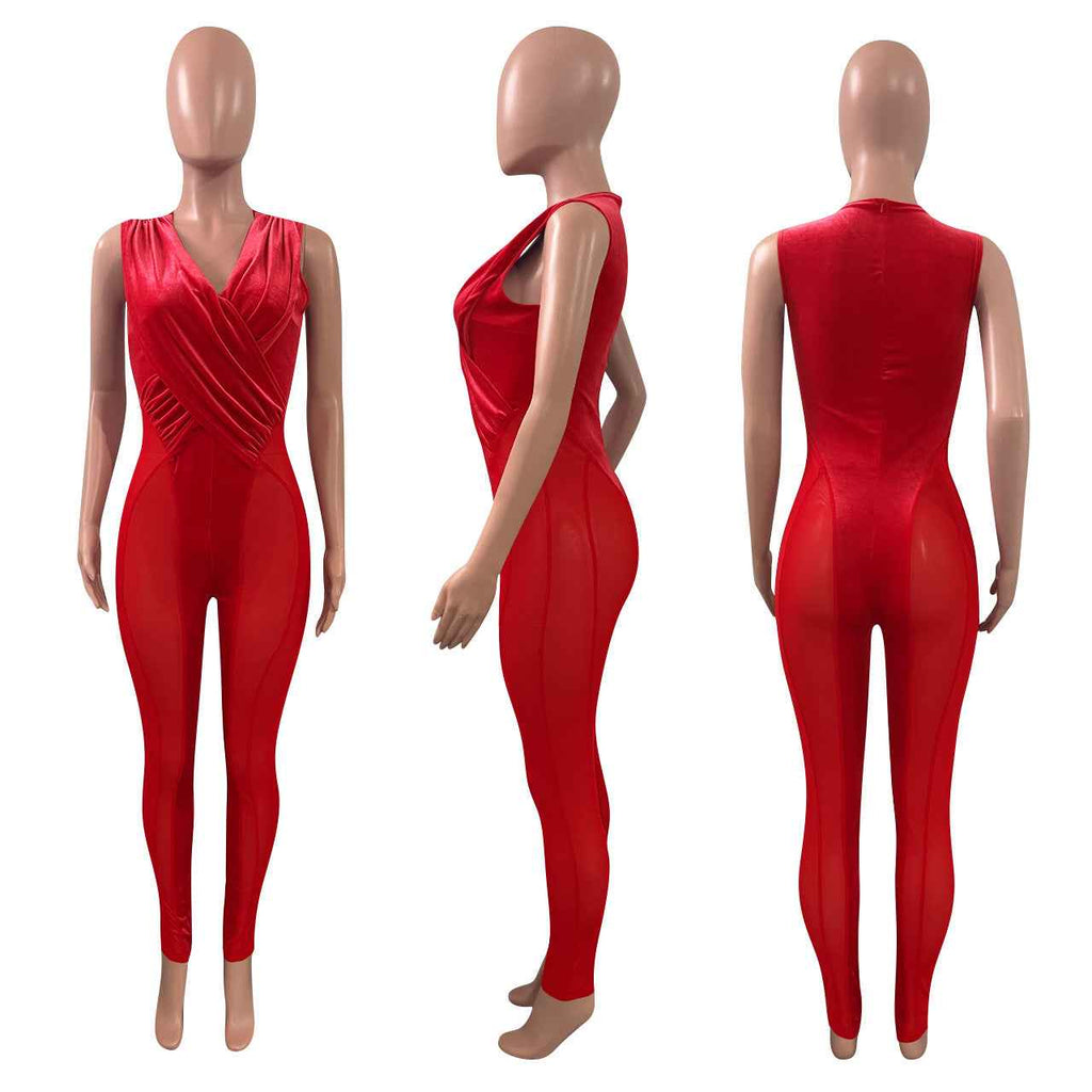 Mesh Velvet Stitching Jumpsuit