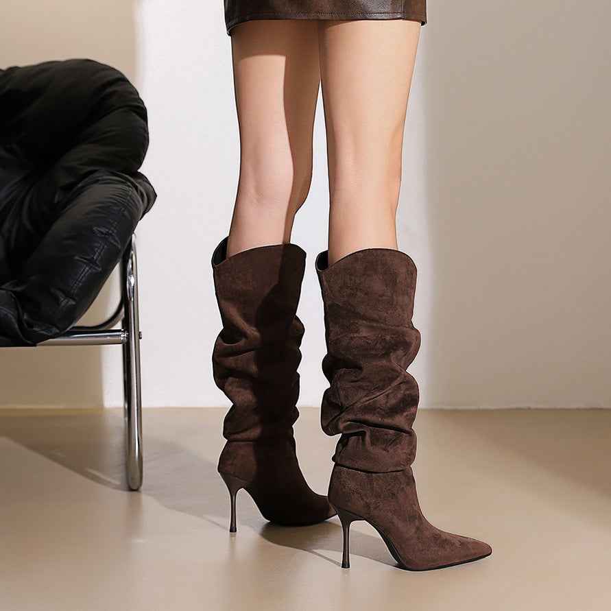 Stiletto Boots Women's Thin below the Knee Pointed Toe Pleated