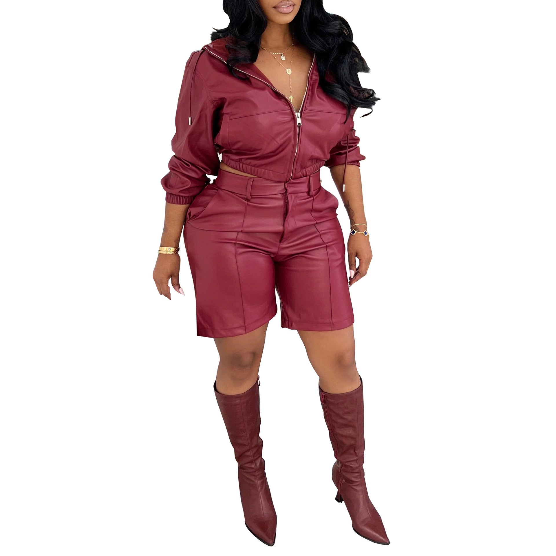 MUNSIEUR PU Leather Bottoms Set Long Sleeve with Zipper