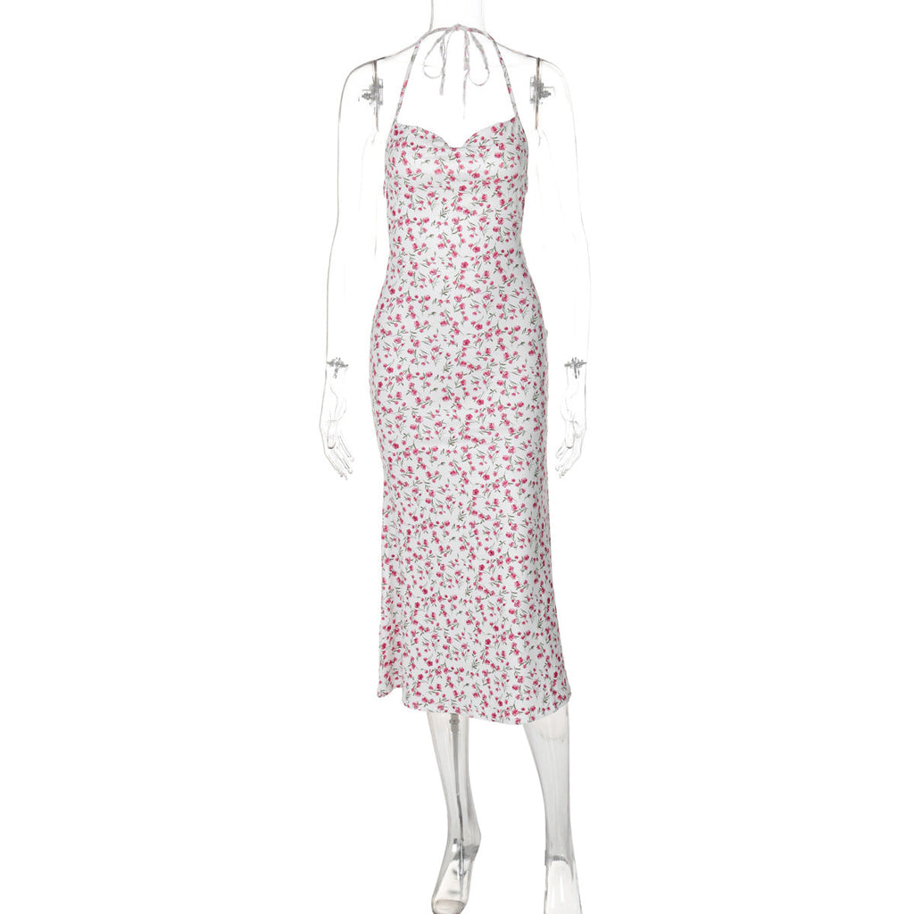 Arrival Sweet Floral Sexy Backless Halter Sleeveless Split Medium Dress