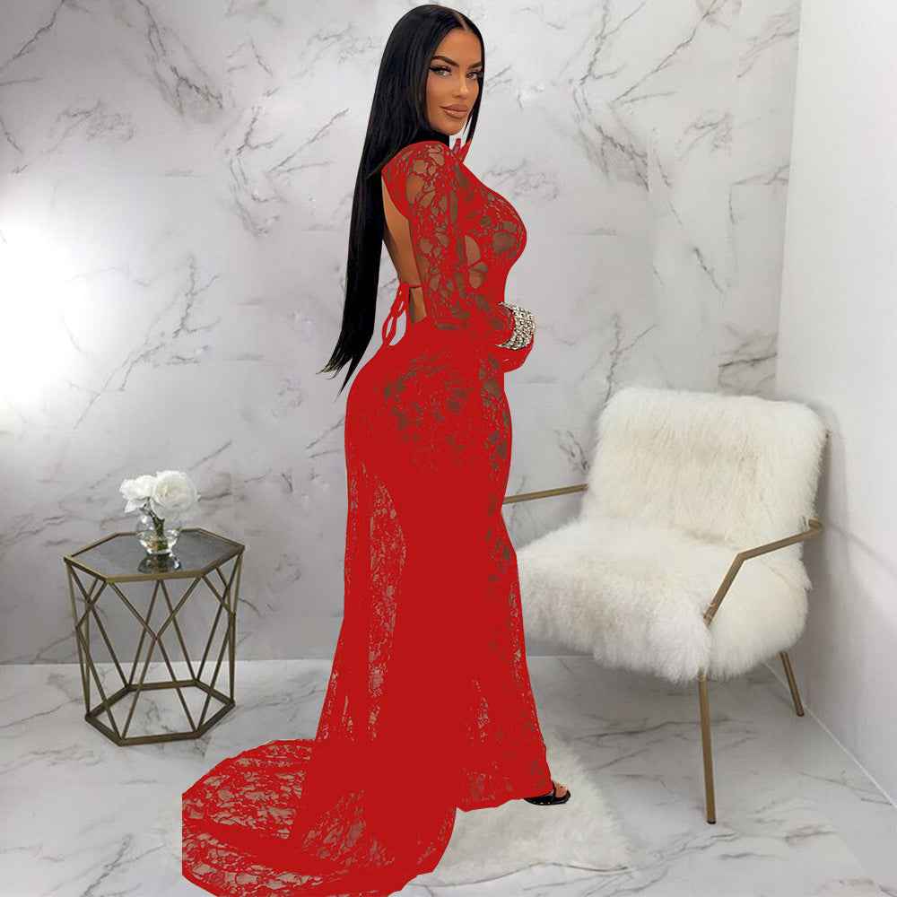 See through Lace Backless Lace up Jumpsuit