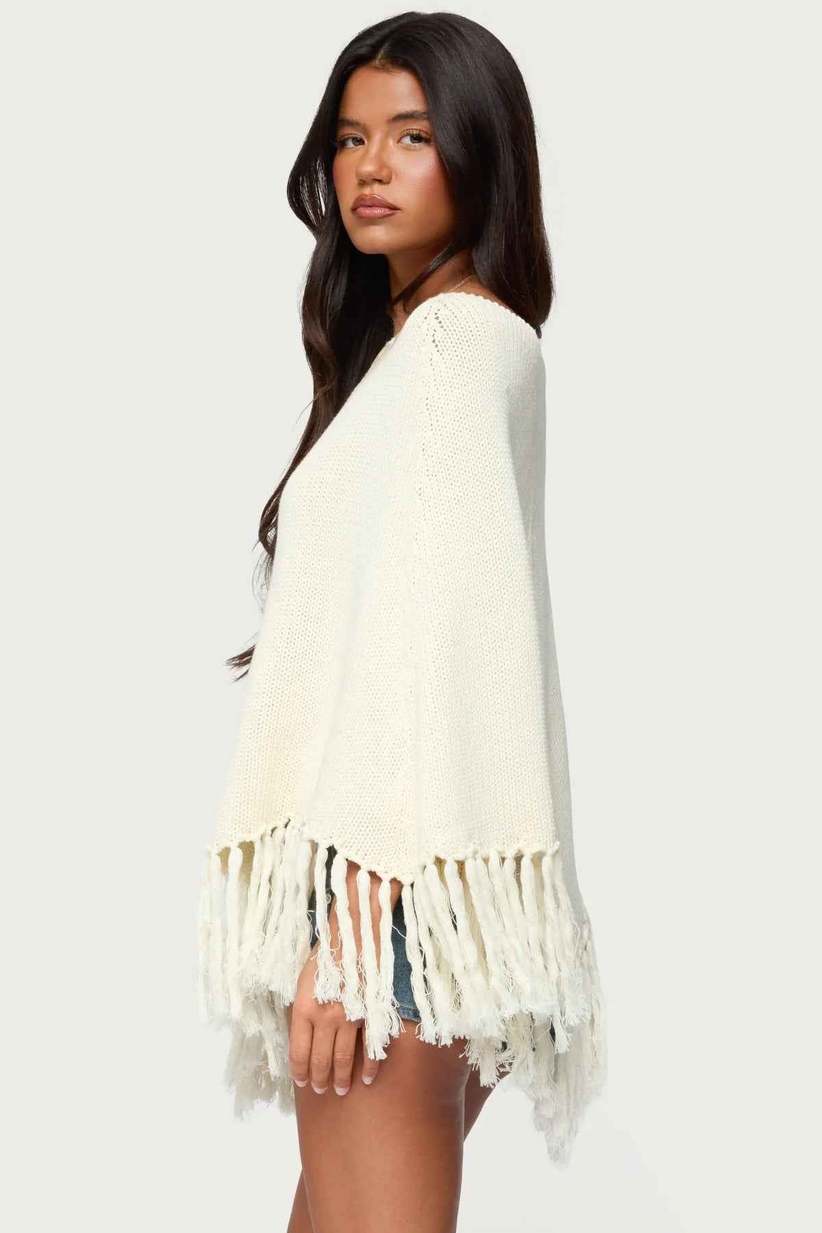 Solid Color Shawl Tassel Sweater