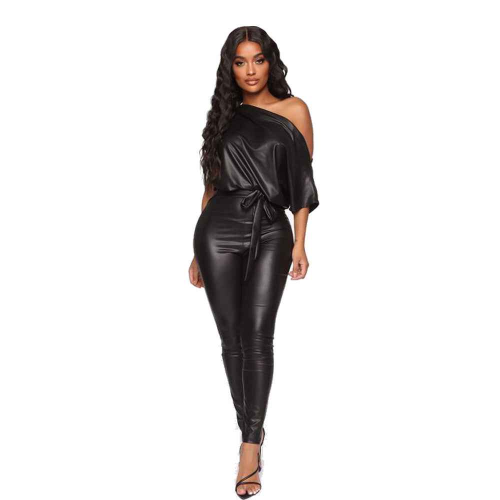 Off The Shoulder Slim Fit One Piece Leather Jumpsuit
