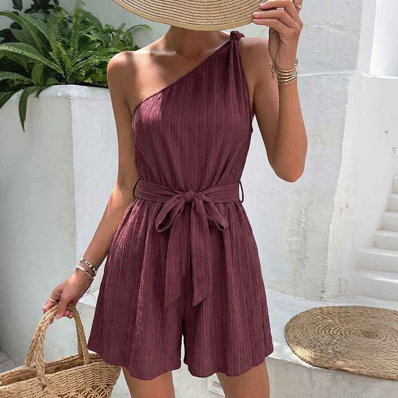 Solid Color One Shoulder Lace up Romper