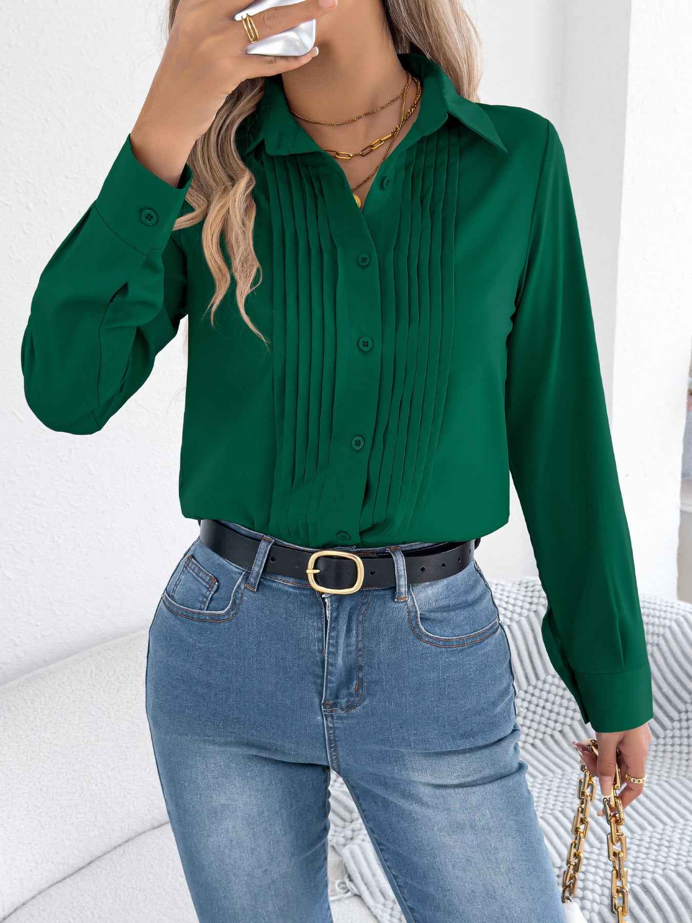 Elegant Pleated Solid Color Button Blouse