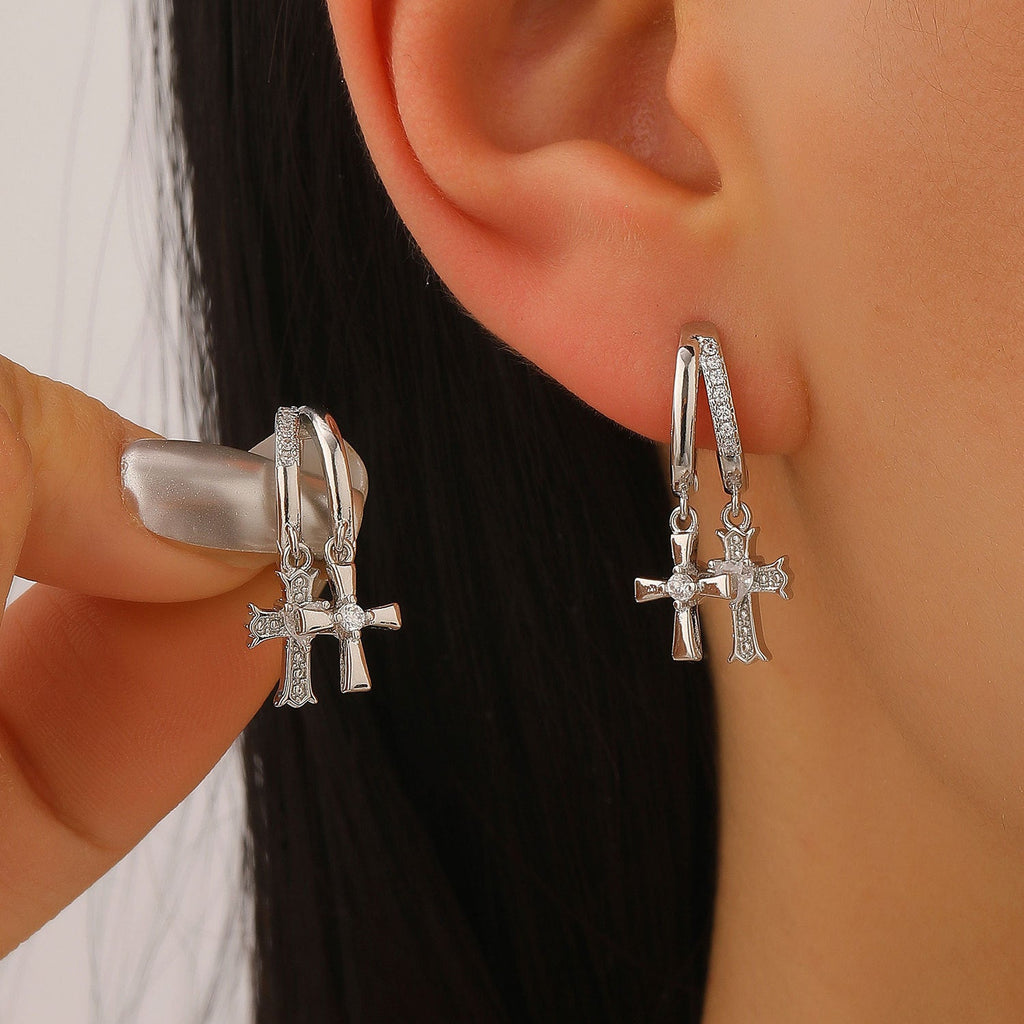 Shiny Zircon Double Cross Hoop Earrings Women Luxury Unique Design Earrings
