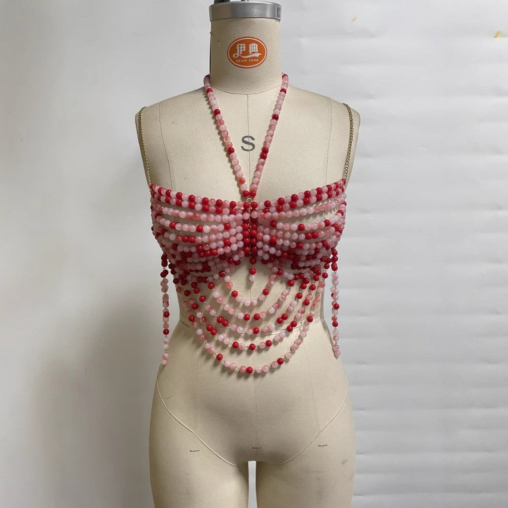 Multi Layer Pearl Halter Out Camisole T-shirt