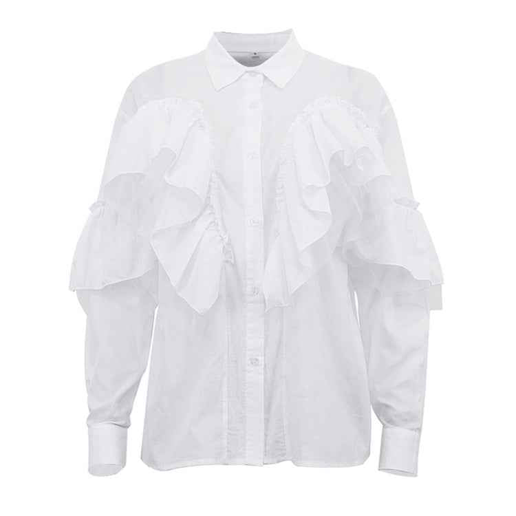 Ruffled Polo Collar Long Sleeve Blouse