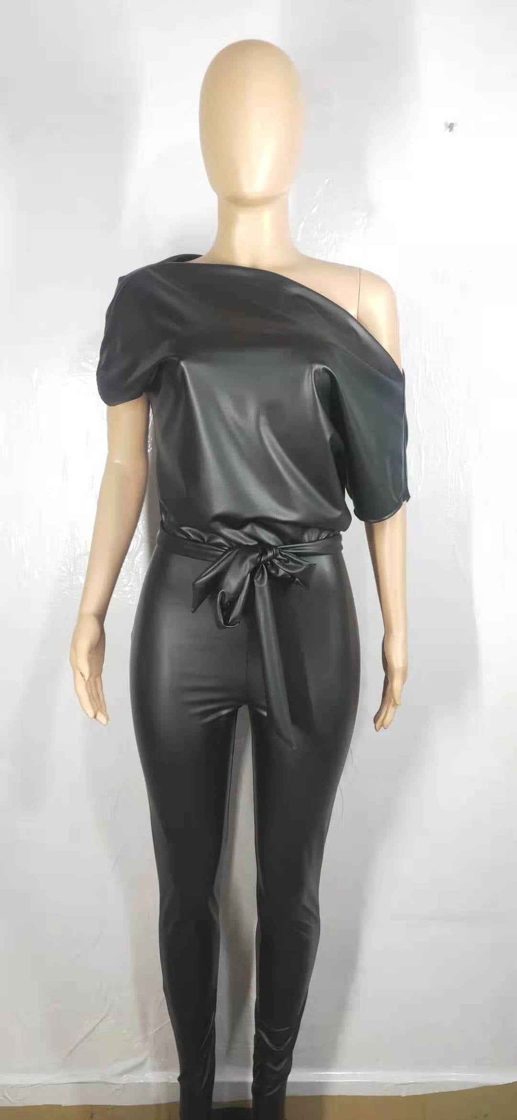 Off The Shoulder Slim Fit One Piece Leather Jumpsuit