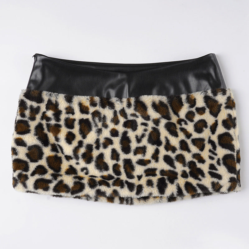 Leopard Fur Stitching Leather Hip Skirt Two Piece Set
