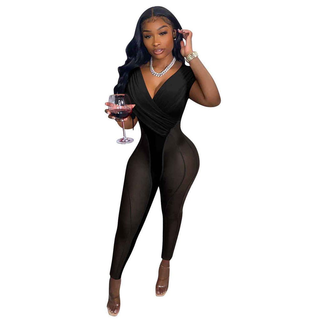 Mesh Velvet Stitching Jumpsuit