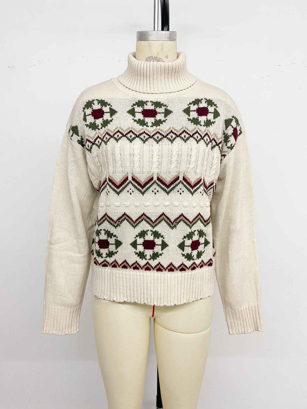 Ethnic Pattern Turtleneck Knitted Jacquard Pullover Sweater Women