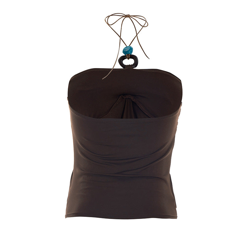 Spring Solid Color Pleated Backless Halter Sling Top T-shirt for Women