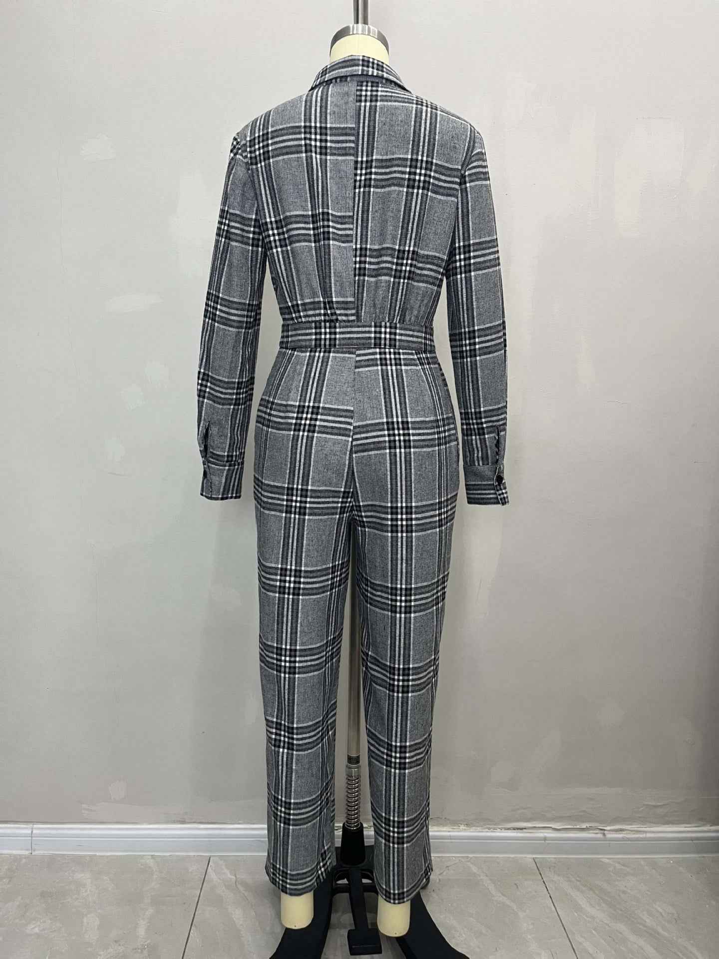 Collared Button Retro Plaid High Waist w Pocket Jumpsuit for Women
