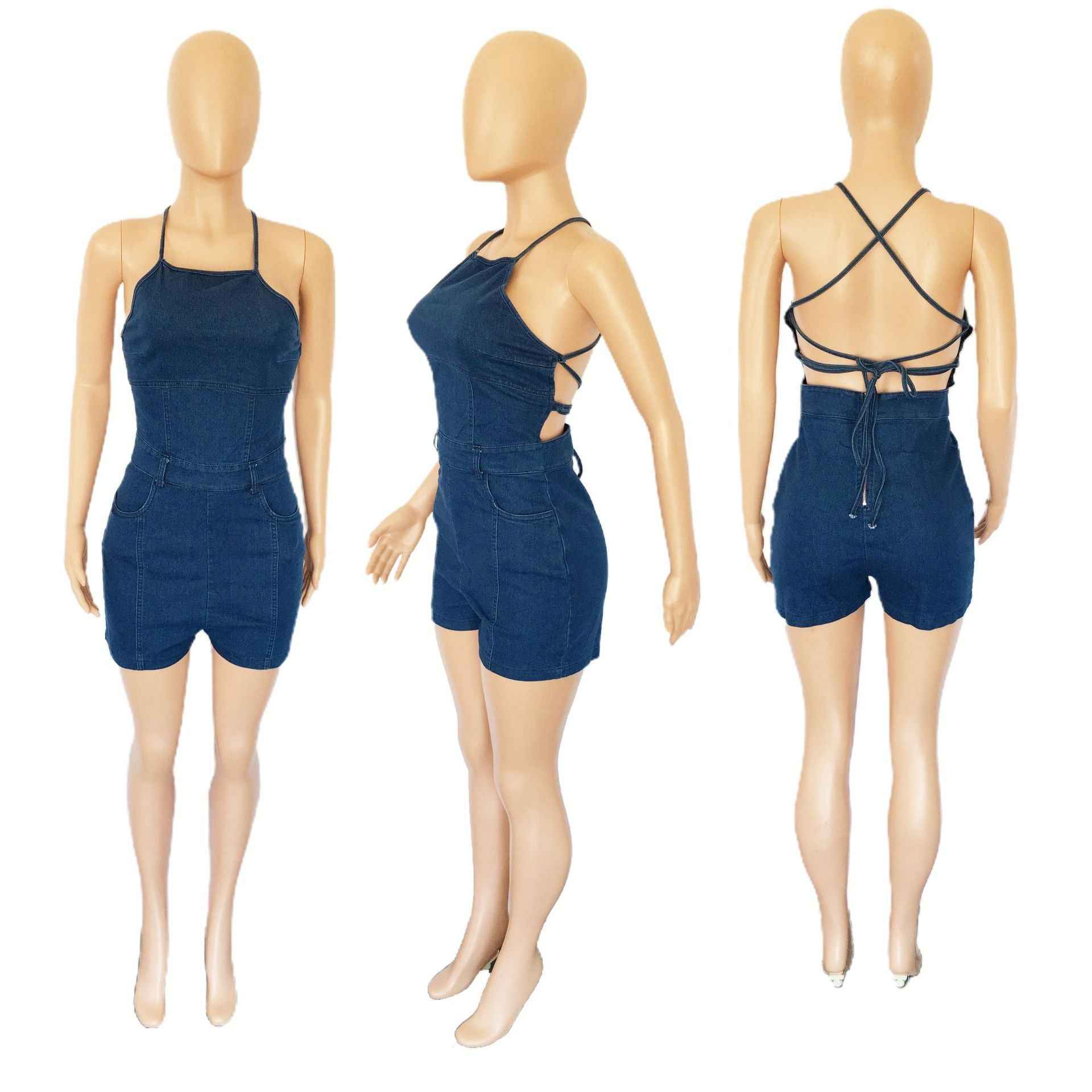 Casual Slim Fit Backless Bandage Denim Jumpsuit