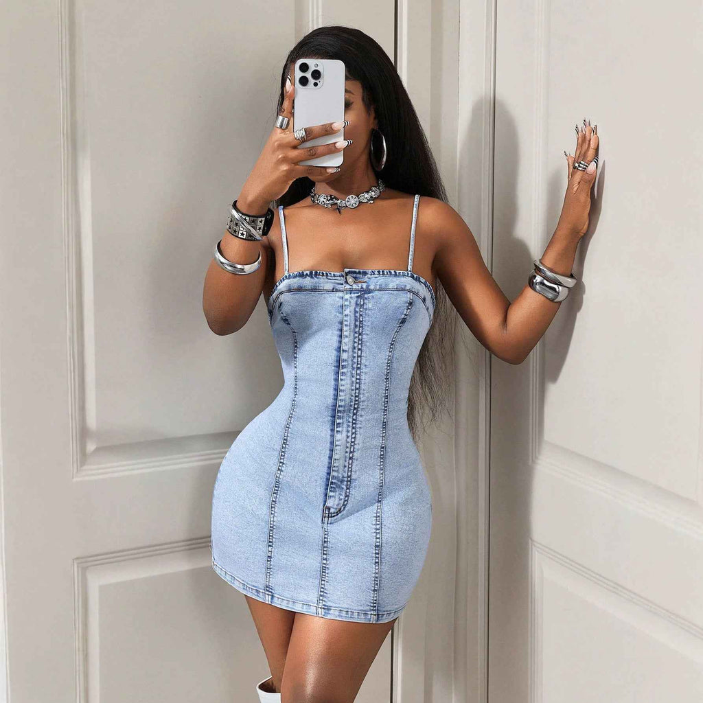 Sling Waist Slimming Sheath Women Denim Dress