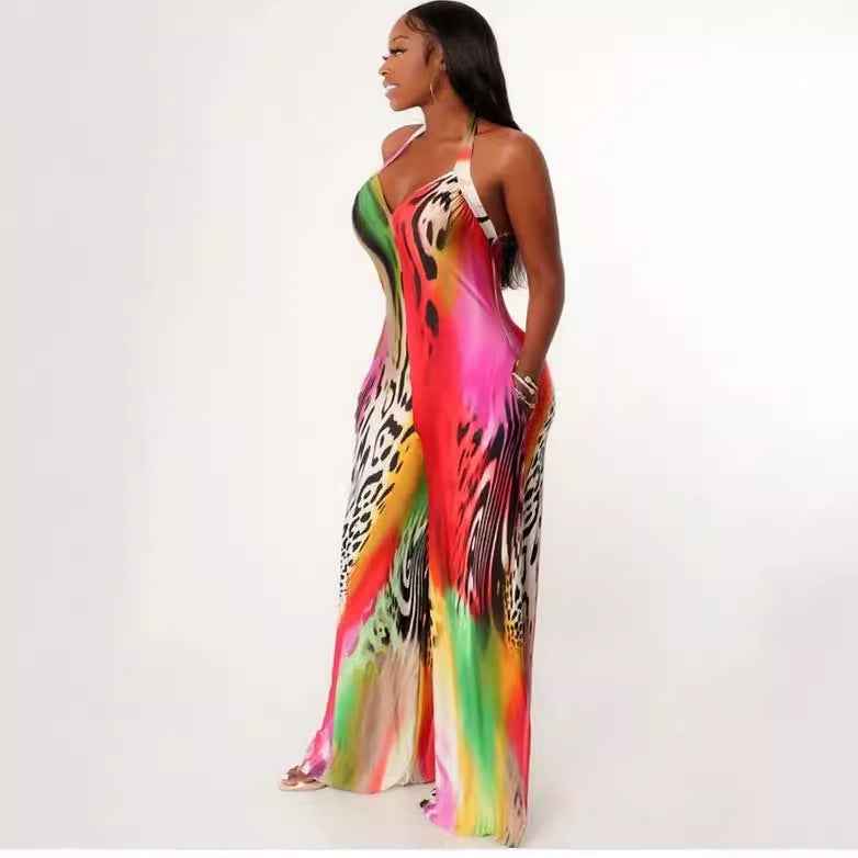 Printed Halter Strap Backless Slim Fit Jumpsuit
