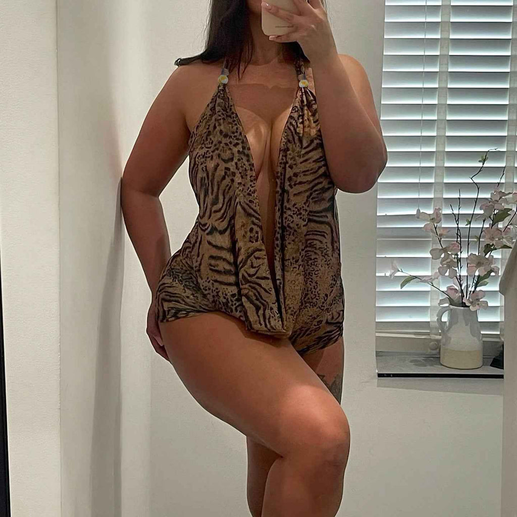 Leopard Print Lace up Halterneck Sexy Two Piece Bottoms Sets