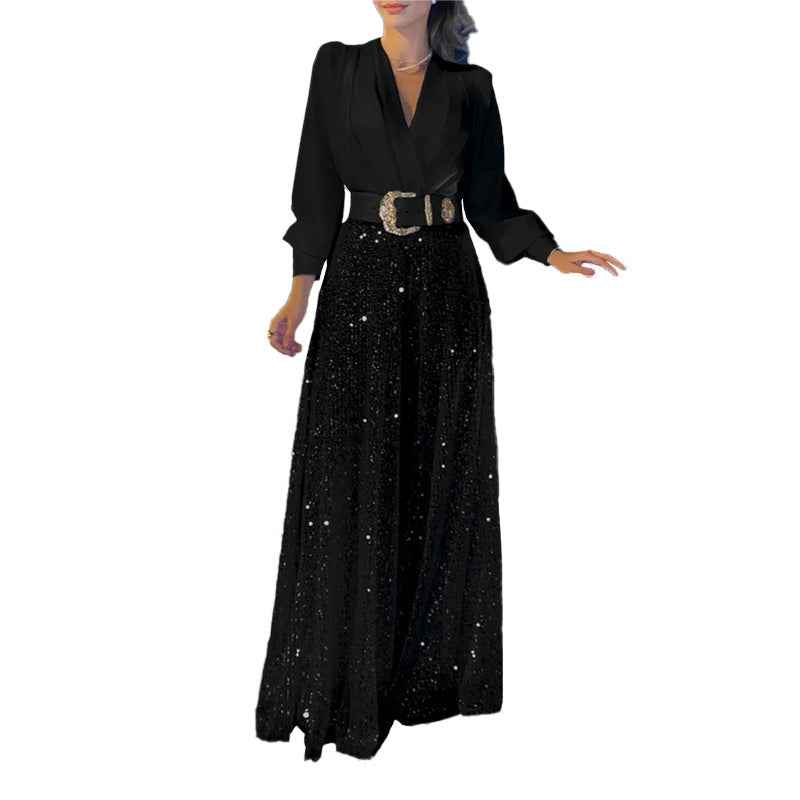 Long Sleeve Elegant Waist Slimming Sequined Jumpsuit