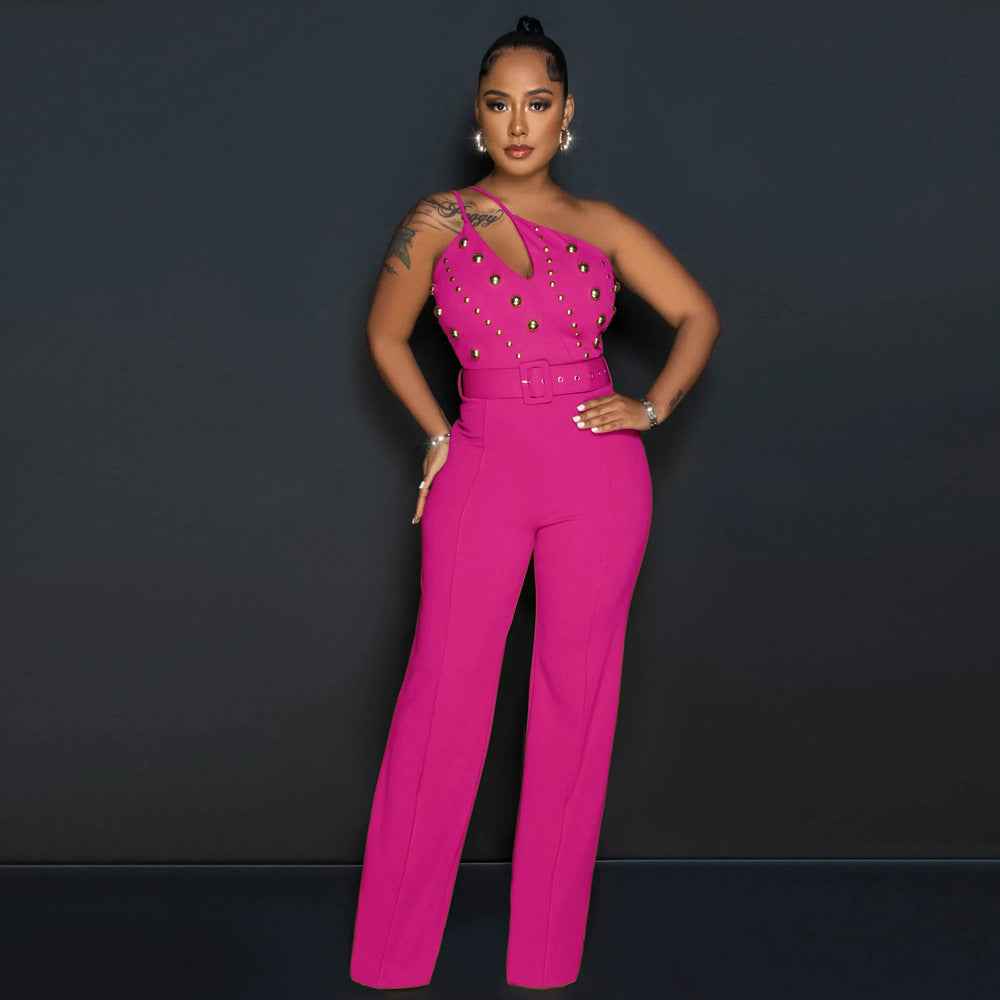 Elegant Solid Color Jumpsuit Slim Fit One Shoulder