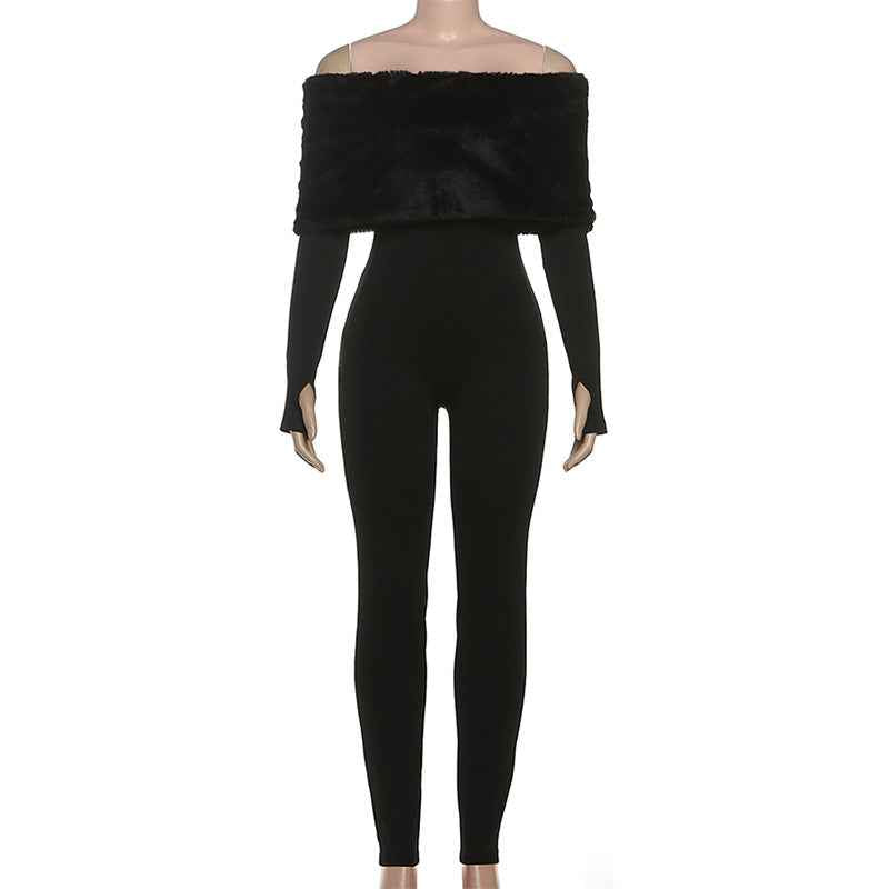 Sexy off the Shoulder Furry Slim Fit Patchwork Jumpsuit