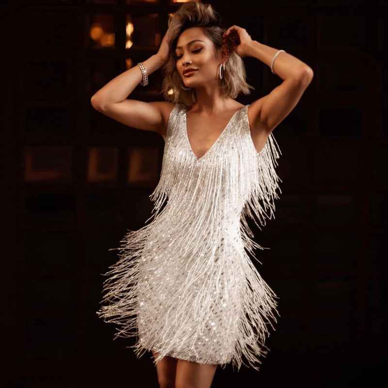 Plunge Sleeveless Pencil Tassel Midi Dress