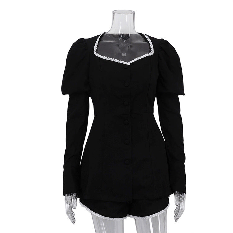Women's Puff Sleeve Square Collar Cardigan Set Two Piece Bottoms Set MUNSIEUR