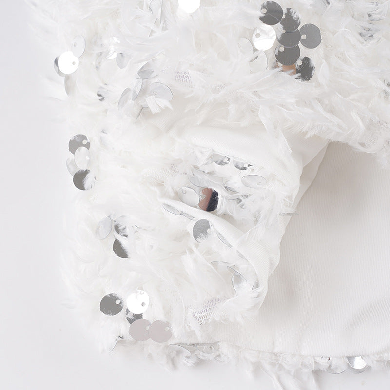 White Sequined Furry Bottoms Set