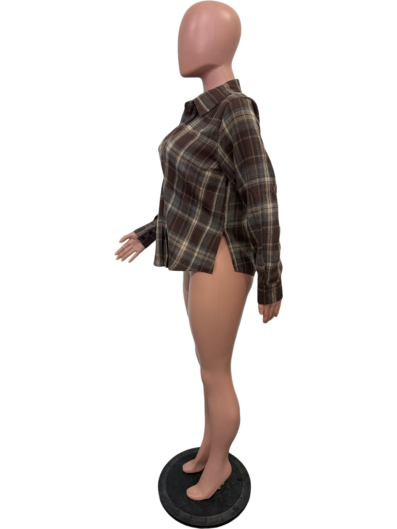 Plaid Long Sleeved Collared Blouse