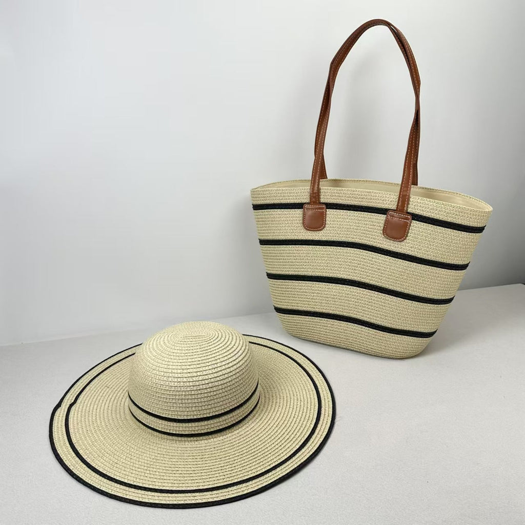 Straw Hat & Tote Two-Piece Set – Wide-Brim Beach Duo, Large Capacity Striped Vacation Kit