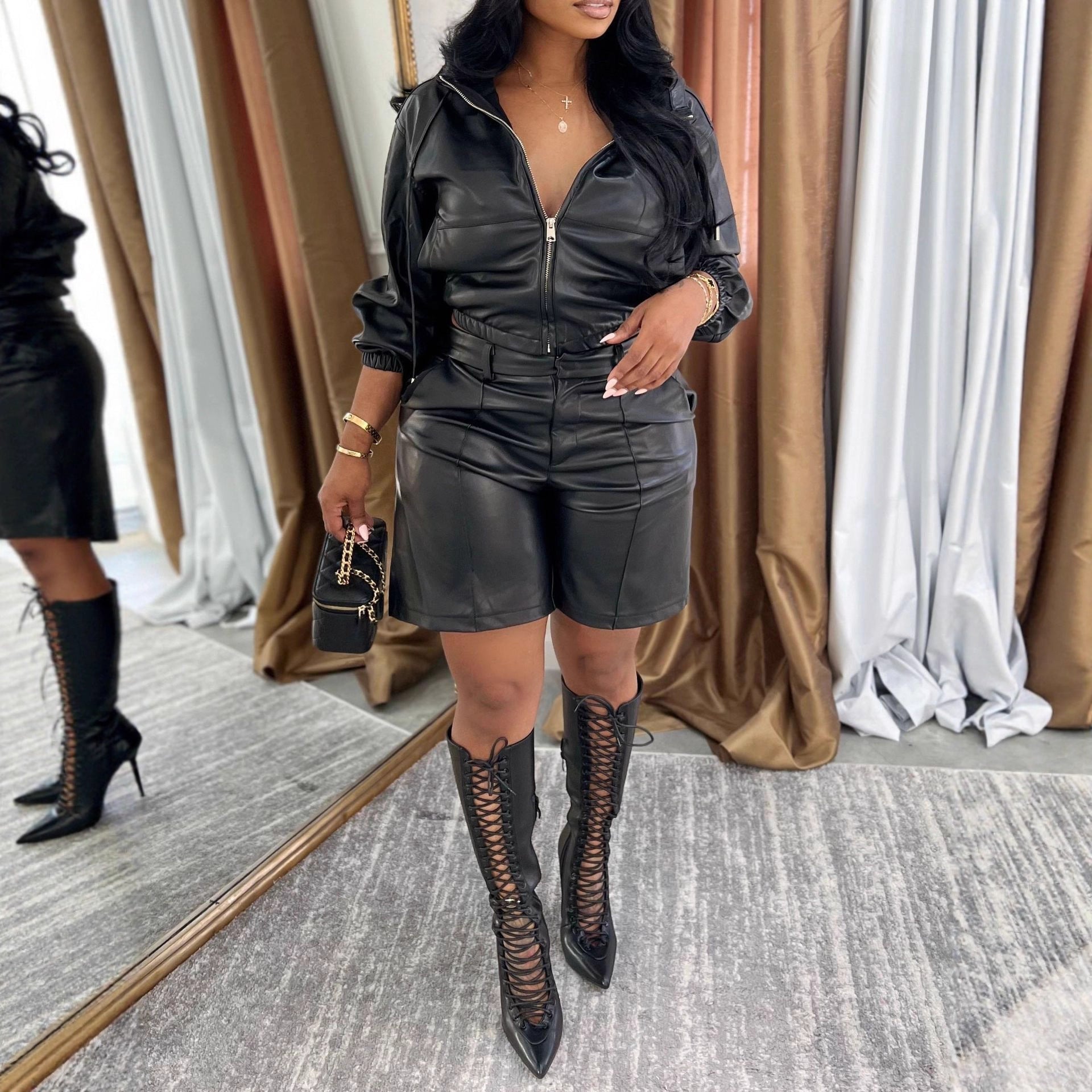 MUNSIEUR PU Leather Bottoms Set Long Sleeve with Zipper