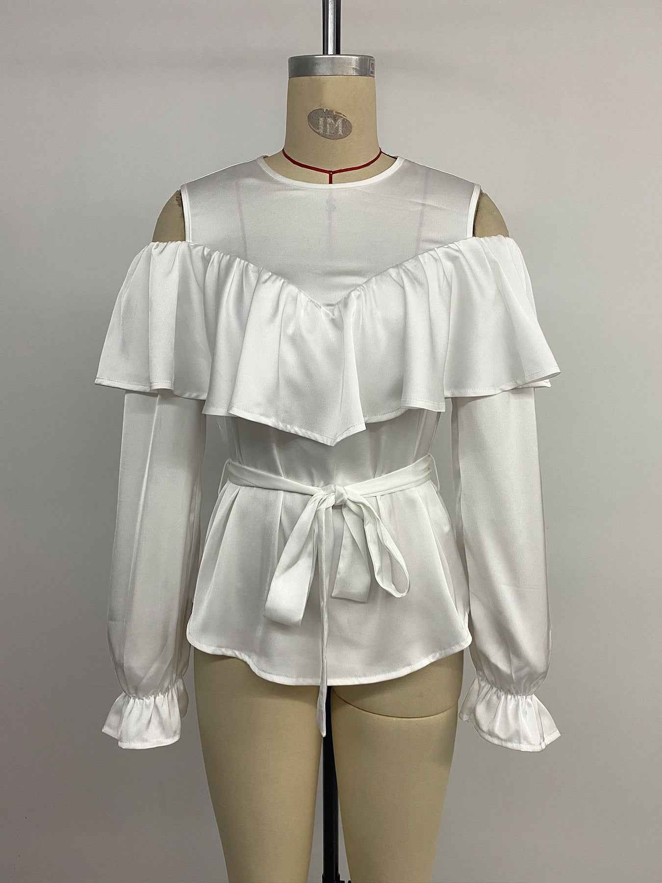 Elegant Long Sleeved Ruffled Off the Shoulder Lace Blouse