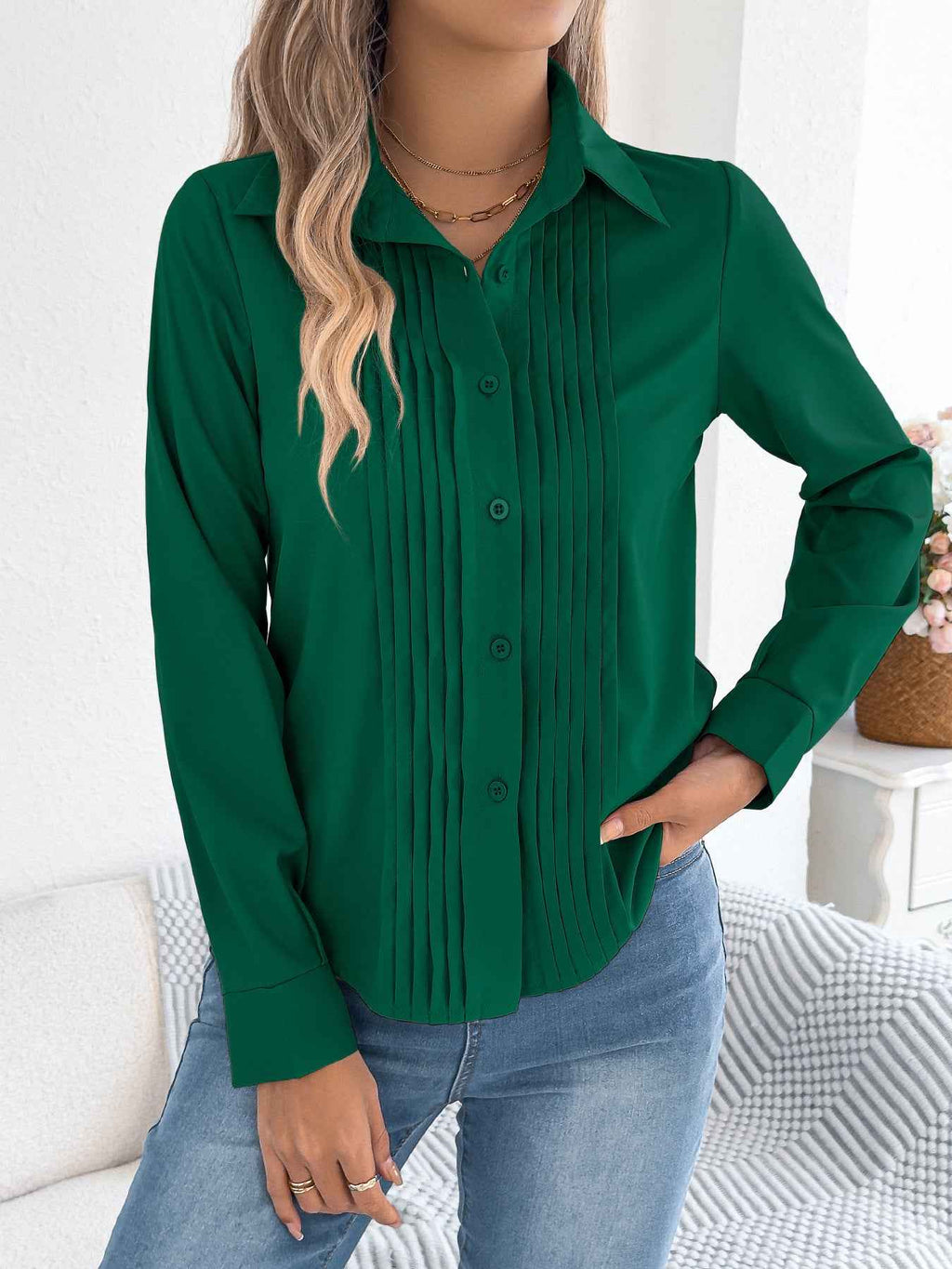 Elegant Pleated Solid Color Button Blouse