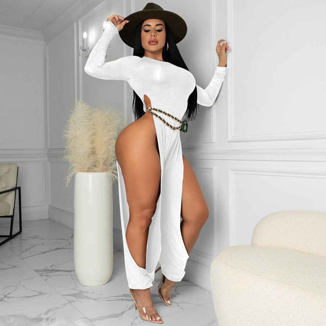 Sexy Open-Leg Jumpsuit Solid Color