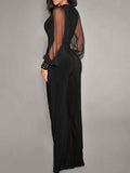 V neck Mesh Stitching Rivet Long Sleeve Loose Jumpsuit