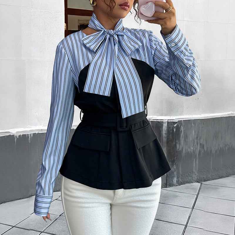 Striped Stitching Elegant Blouse False Two Piece Set