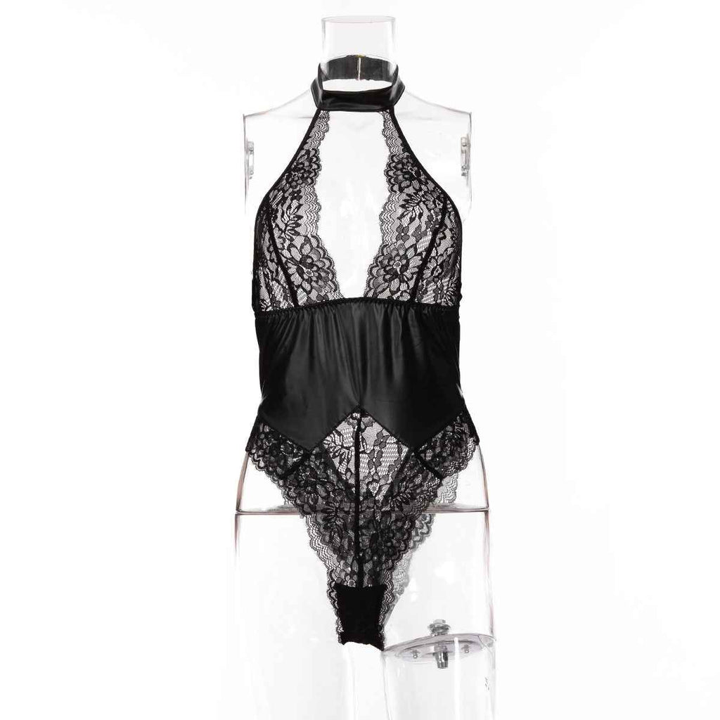 Sexy Patent Leather Lace Stitching One Piece Nightclub Temptation Sexy Lingerie Set