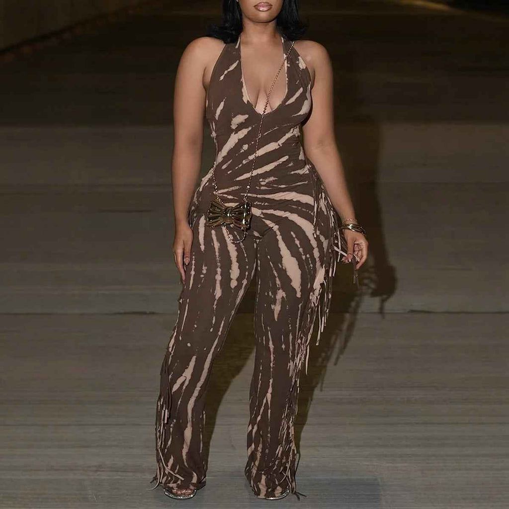 Elegant Sexy Slim Fit Stretch Backless Tassel Printed Halter Strap Micro Pull Jumpsuit