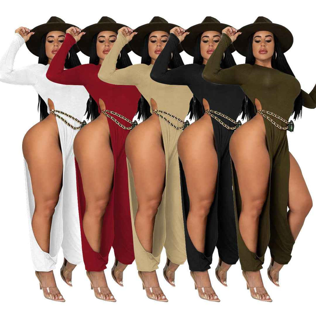 Sexy Open-Leg Jumpsuit Solid Color