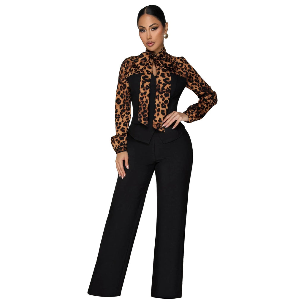 Leopard Collar Blouse Casual Set