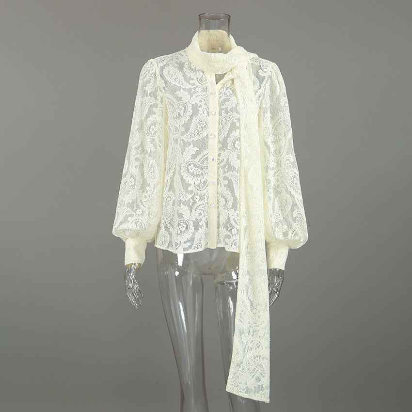 French Ribbon See through Cutout Blouse