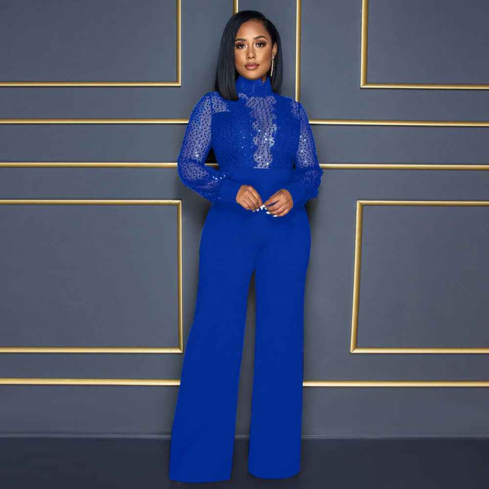 Party Turtleneck Sequin Lace Sheer Long Sleeve Top Loose Jumpsuit Women