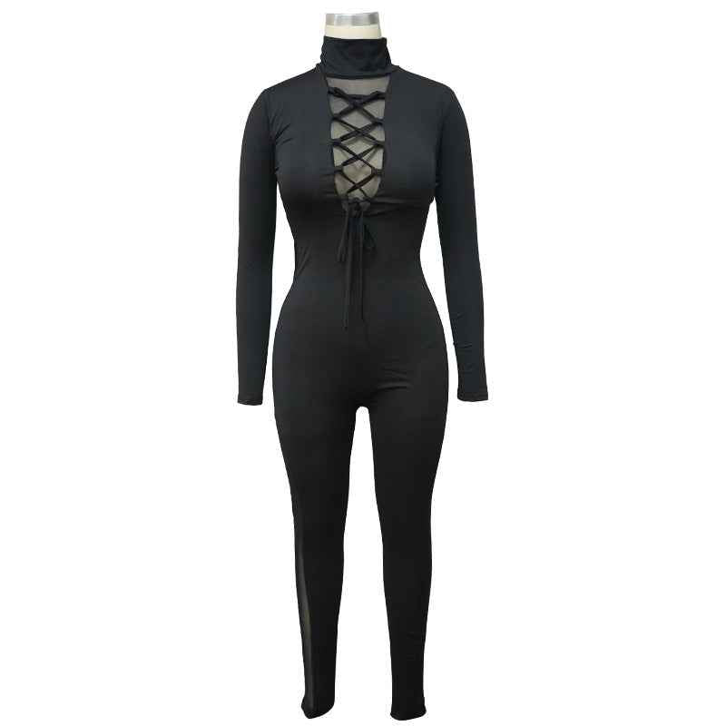 Sexy Lace Up Stitching See Through Long Sleeve Jumpsuit
